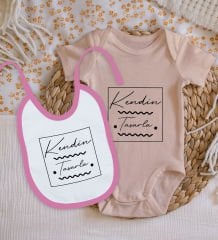 BK Kids Kişiye Özel Kendin Tasarla Pembe %100 Pamuklu Kısa Kol Bebek Body Zıbın ve Mama Önlüğü Hediye Seti