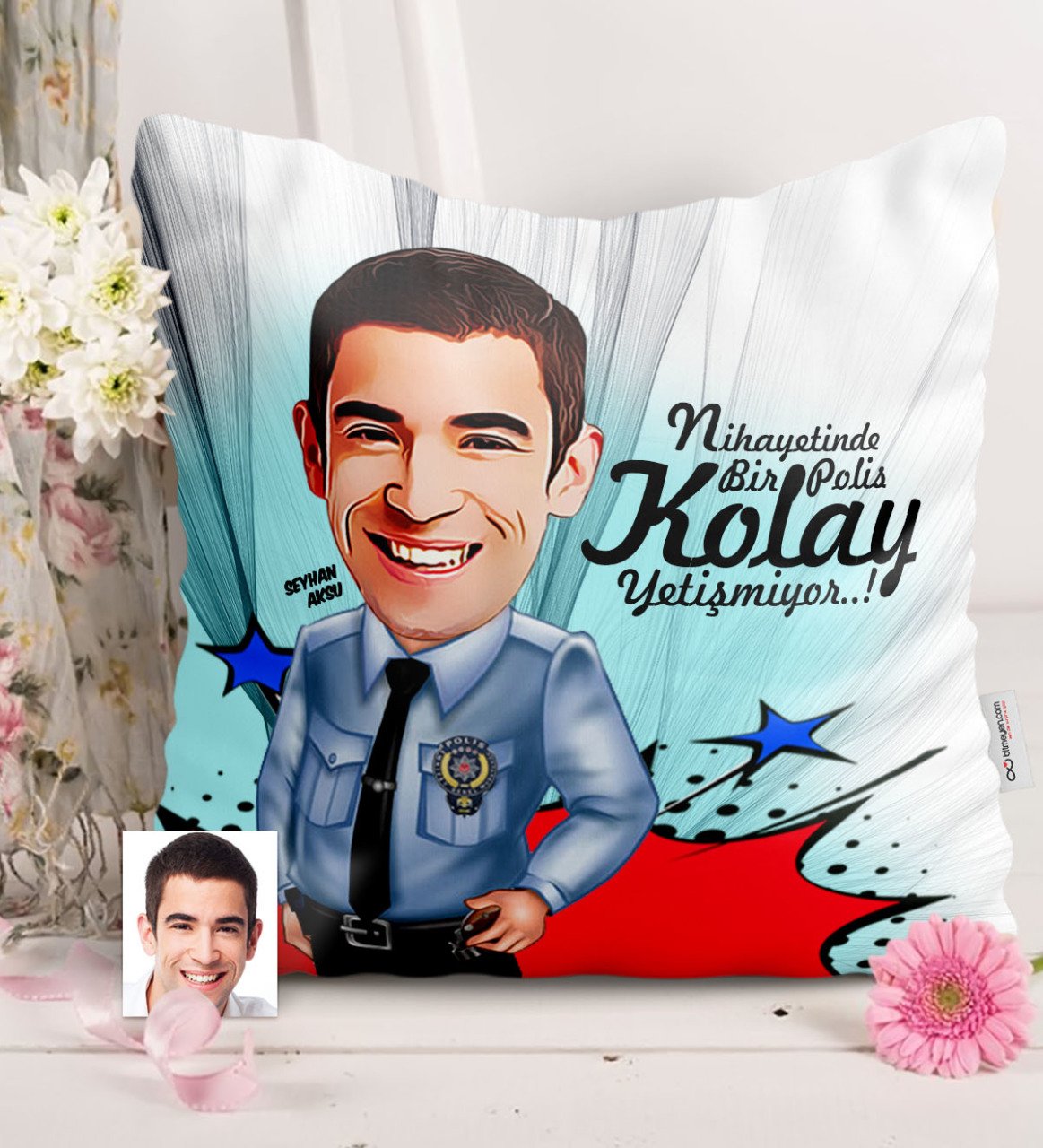 Kişiye Özel Bay Polis Karikatürlü Saten Yastık - 1