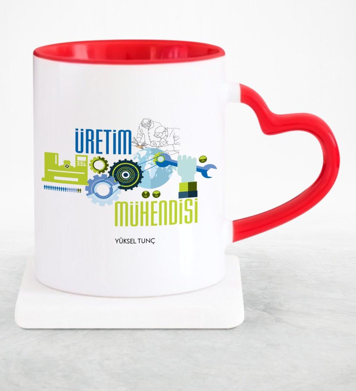 Kişiye Özel Mesleki Üretim Mühendisi Kırmızı Kalpli Kupa Bardak - 1