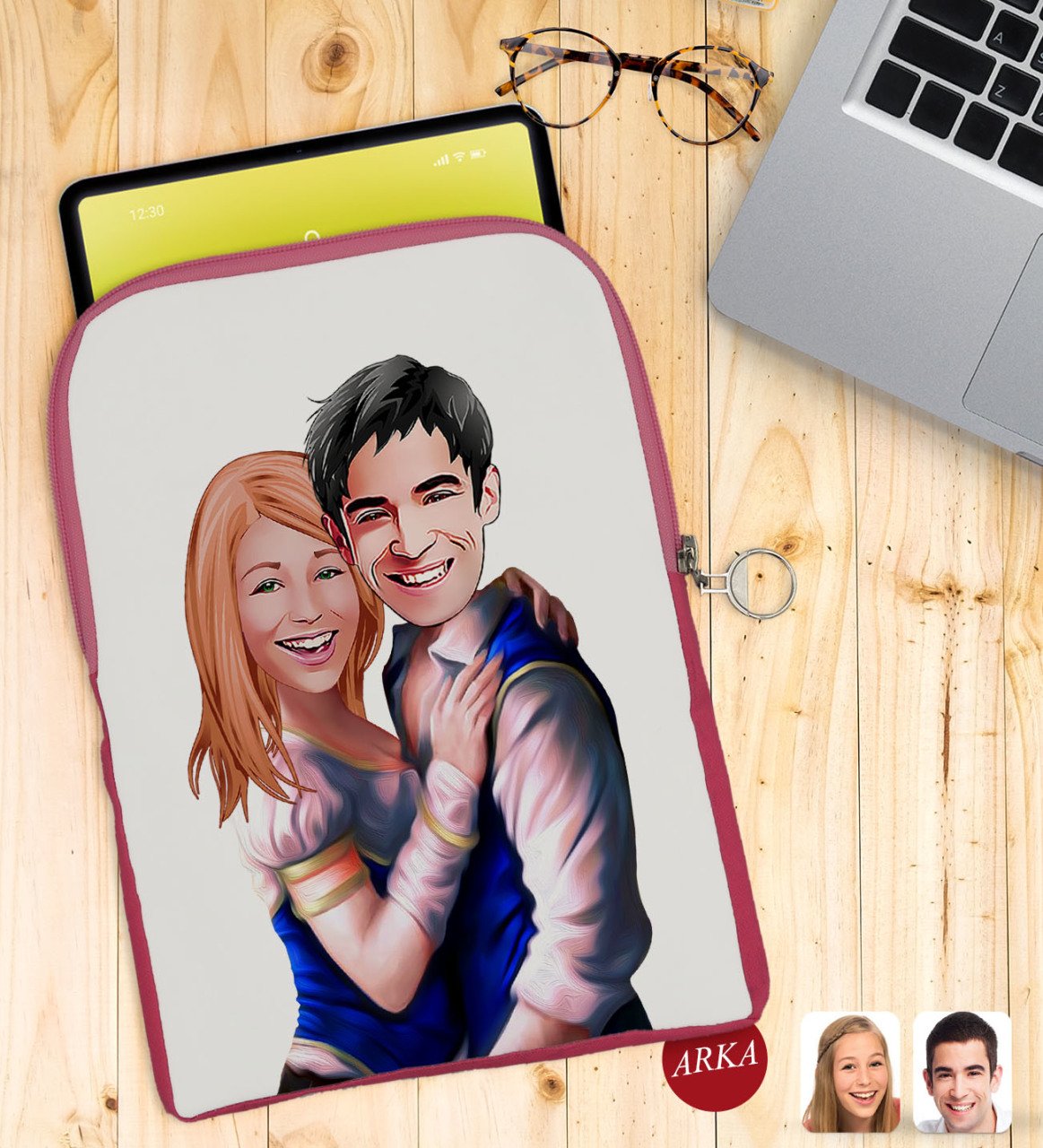 Kişiye Özel Sevgililer Karikatürlü Taşınabilir Koruyucu Tablet Kılıfı & Organizer Çanta - Pembe-36