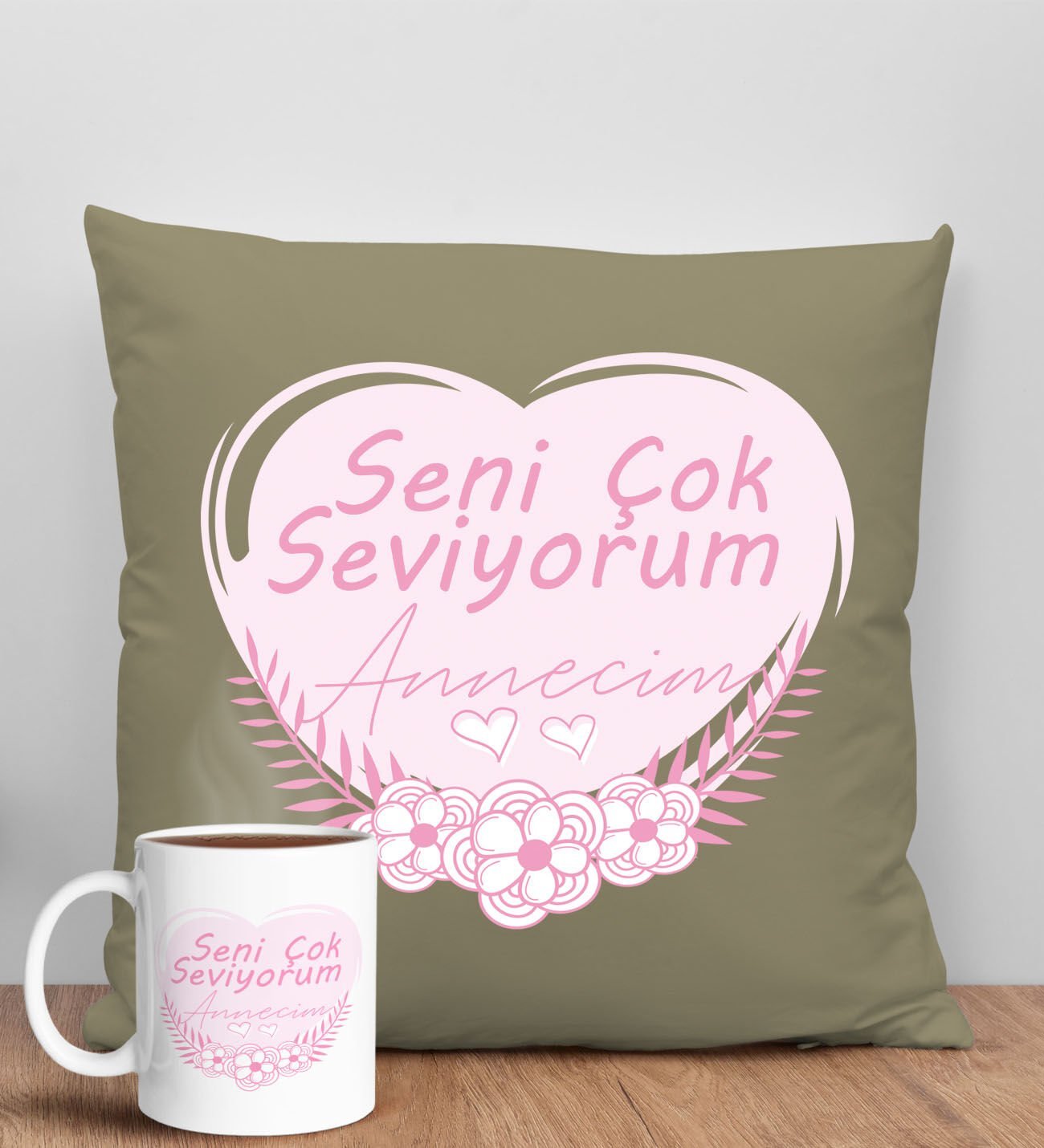 BK Gift Anneler Günü Tasarımlı Haki Kırlent Yastık ve Kupa Seti, Anneye Hediye, Ev Dekorasyonu, Anneler Günü Hediyesi-1