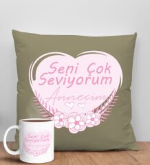 BK Gift Anneler Günü Tasarımlı Haki Kırlent Yastık ve Kupa Seti, Anneye Hediye, Ev Dekorasyonu, Anneler Günü Hediyesi-1