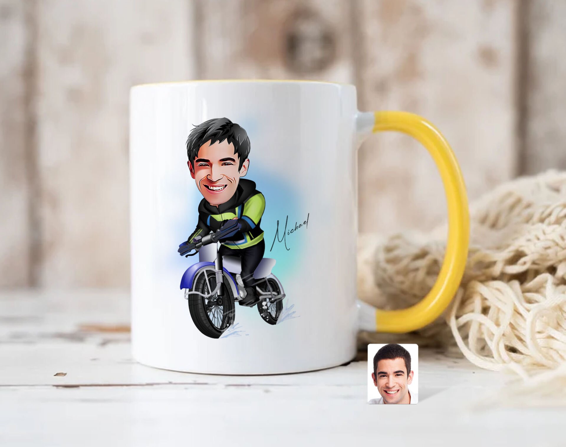 Bk Gift Kişiye Özel Motorcu Karikatürlü Sarı Kupa Bardak-1, Sevgiliye Hediye, Arkadaşa Hediye