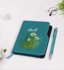 Kişiye Özel Papatya Temalı Turkuaz Termo Deri Defter Kalem Seti-13