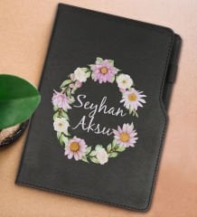BK Gift Kişiye Özel Çiçek Tasarımlı Siyah Termo Deri Not Defteri 15x21cm-4