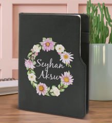 BK Gift Kişiye Özel Çiçek Tasarımlı Siyah Termo Deri Not Defteri 15x21cm-4