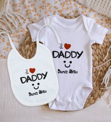 BK Kids Kişiye Özel I Love Daddy Tasarımlı Bebek Body Zıbın ve Mama Önlüğü Hediye Seti - Model 1