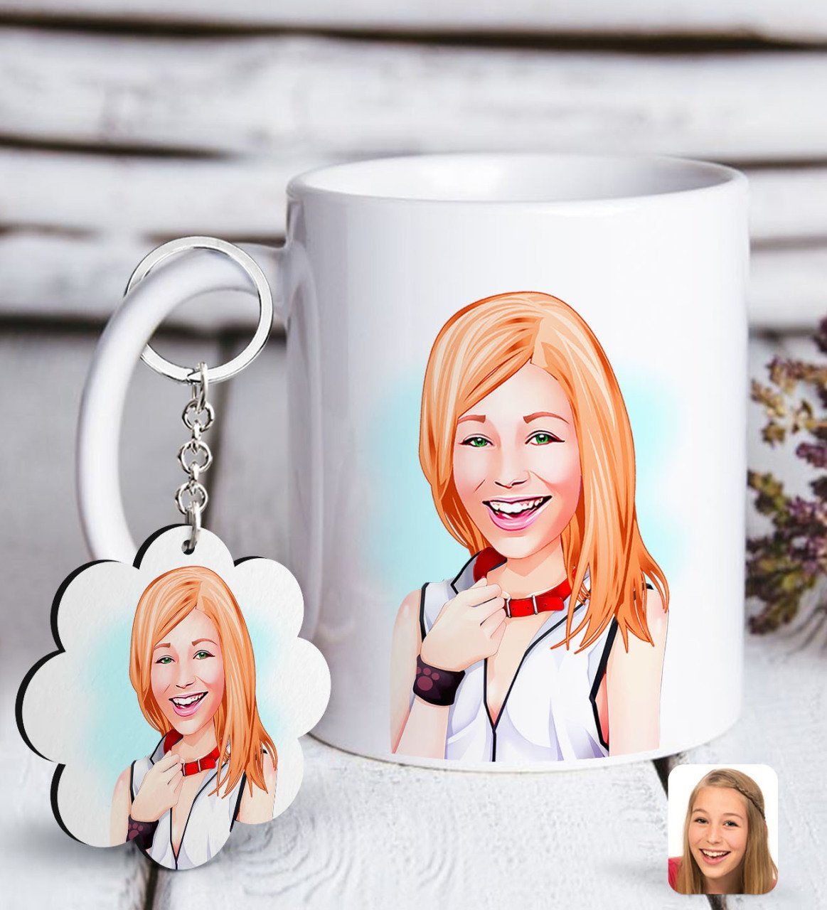 Kişiye Özel Bayan Karikatürlü Beyaz Kupa ve Anahtarlık Hediye Seti-35