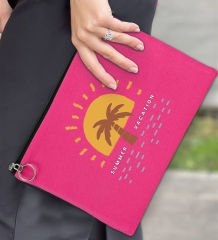BK Gİft Yaz Temalı-6 Astarlı Fuşya Portföy Çanta 30x21cm, Baskılı El Çantası, Organizer Çanta