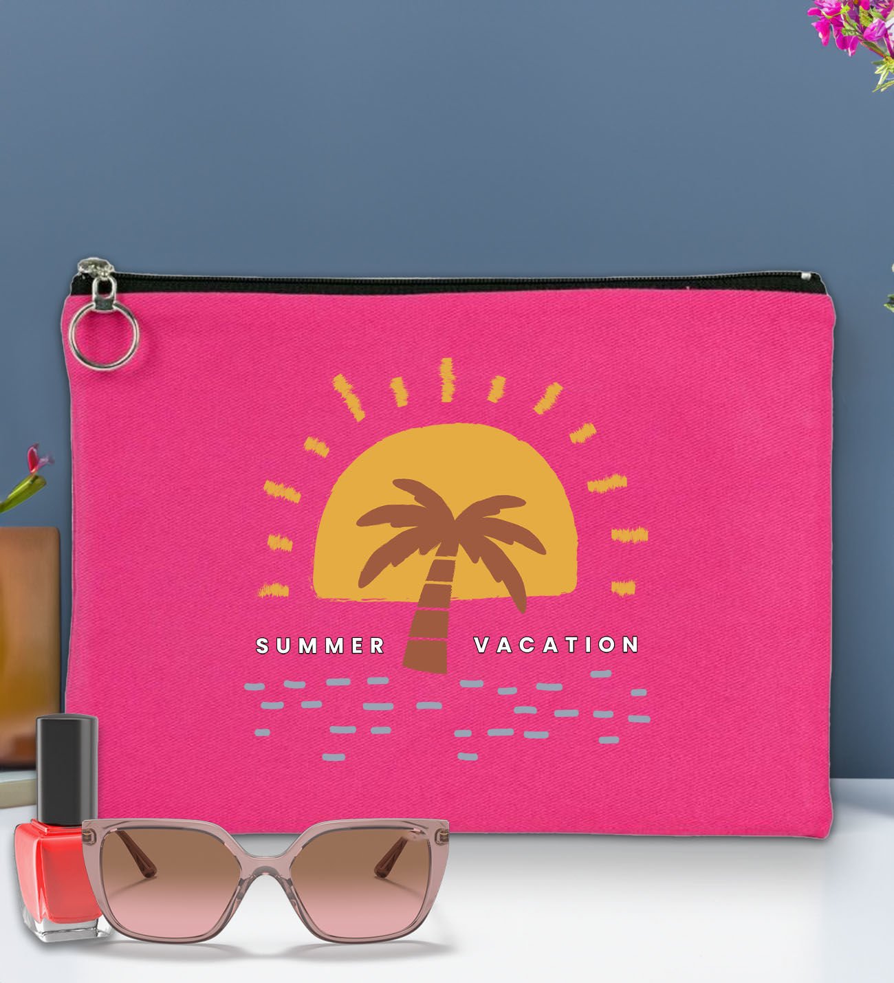 BK Gİft Yaz Temalı-6 Astarlı Fuşya Portföy Çanta 30x21cm, Baskılı El Çantası, Organizer Çanta
