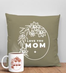 BK Gift Anneler Günü Tasarımlı Haki Kırlent Yastık ve Kupa Seti, Anneye Hediye, Ev Dekorasyonu, Anneler Günü Hediyesi-4