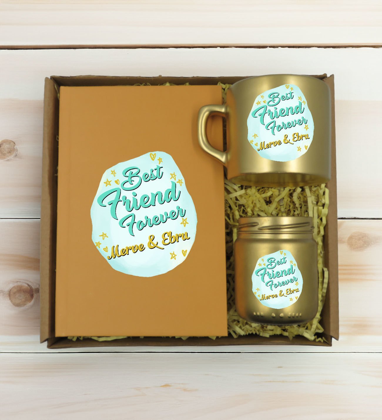 BK Gift Kişiye Özel İsimli DTF Best Friend Temalı Gold Defter & Kahve Fincanı & Mum Hediye Seti-2, Arkadaşa Hediye, Doğum Günü Hediyesi