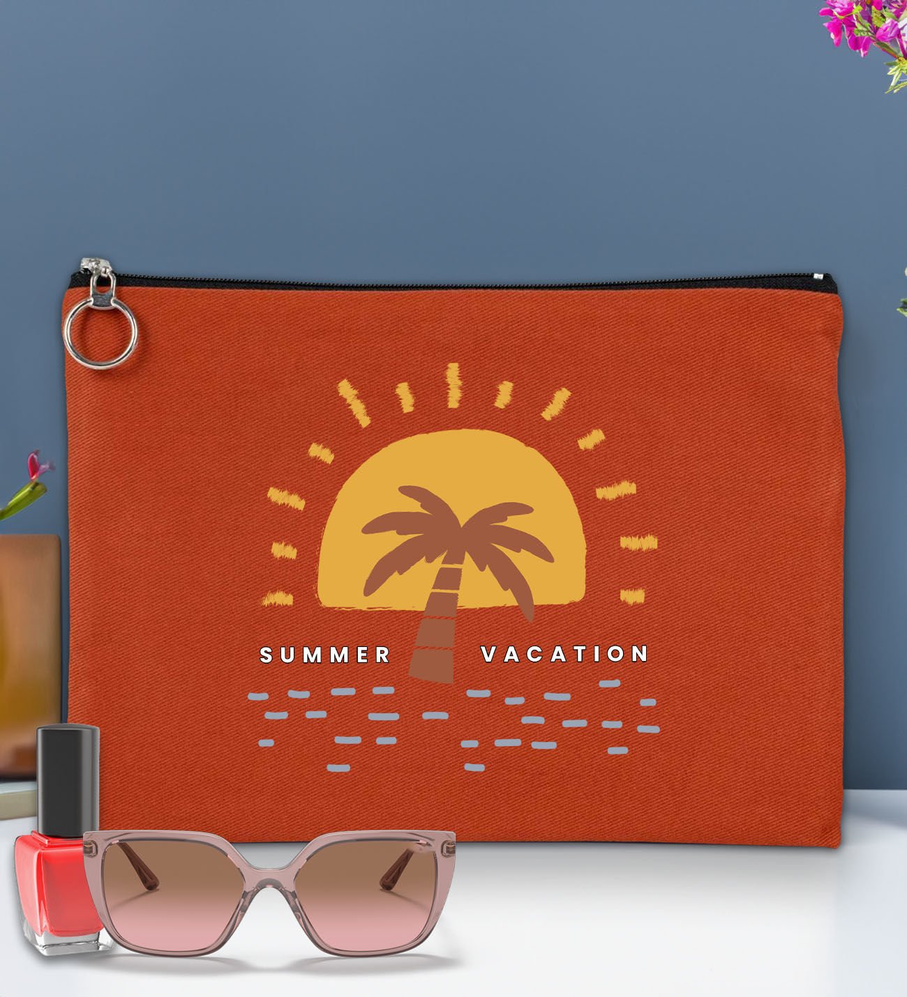 BK Gİft Yaz Temalı-6 Astarlı Kiremit Portföy Çanta 30x21cm, Baskılı El Çantası, Organizer Çanta