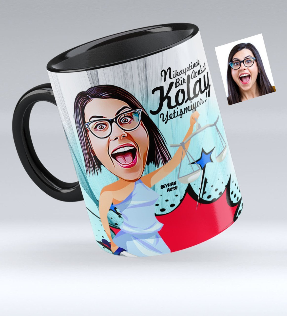 Kişiye Özel Bayan Avukat Karikatürlü Siyah Kupa Bardak - 1