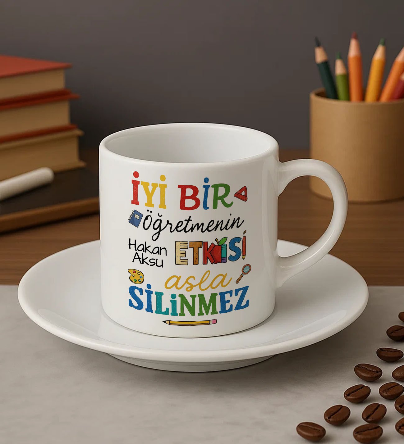 BK Gift Kişiye Özel İyi Bir Öğretmen Tasarımlı Türk Kahvesi Fincanı-2, Öğretmene Hediye, Öğretmenler Günü Hediyesi