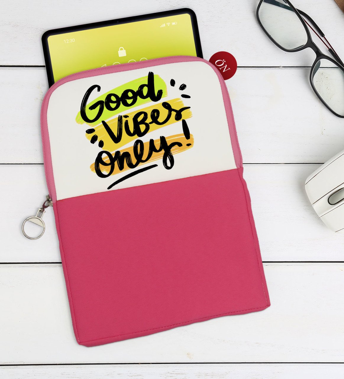 BK Gift Good Vibes Only Tasarımlı Taşınabilir Koruyucu Tablet Kılıfı & Organizer Çanta - Pembe-1
