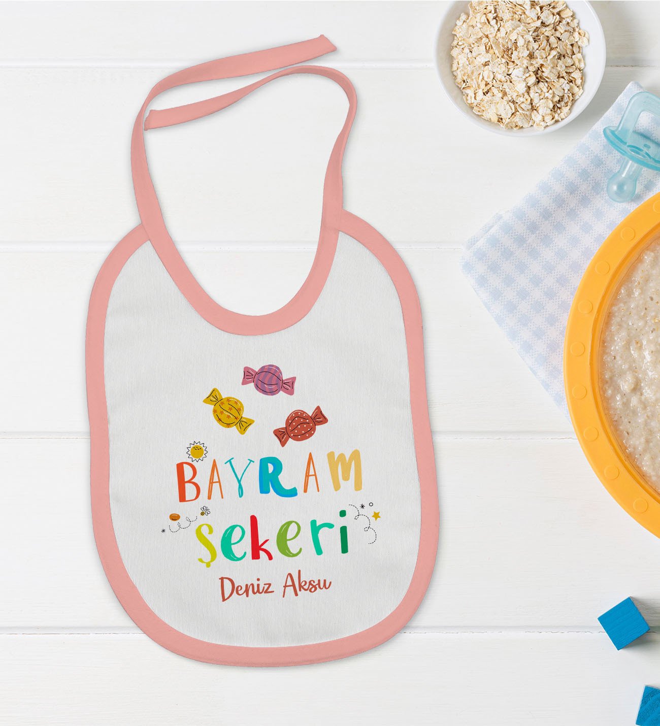 BK Kids Kişiye Özel Pembe Bebek Mama Önlüğü - Model 48