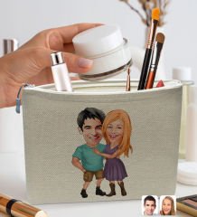 BK Gift Kişiye Özel Sevgililer Karikatürlü Keten Makyaj Çantası, Sevgiliye Hediye, Arkadaşa Hediye, Sevgililer Günü Hediyesi, Doğum Günü Hediyesi-6