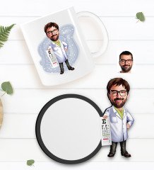 Kişiye Özel Erkek Göz Doktoru Karikatürlü Beyaz Kupa ve Ahşap Bardak Altlığı Hediye Seti-1