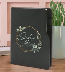 BK Gift Kişiye Özel Çiçek Tasarımlı Siyah Termo Deri Not Defteri 15x21cm-11