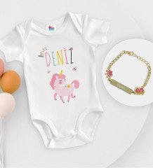 BK Kids Kişiye Özel İsimli Beyaz Bebek Body Zıbın ve Kız Bebek Künyesi Hediye Seti-4