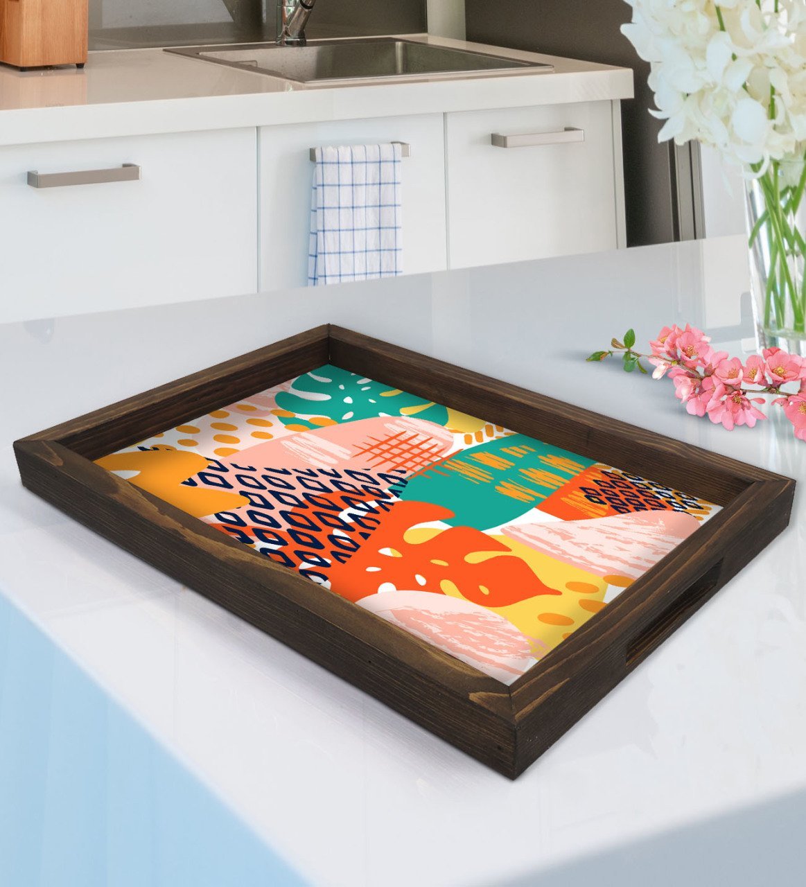 BK Gift Modern Art Tasarımlı Doğal Ahşap Tepsi-3