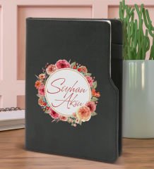 BK Gift Kişiye Özel Çiçek Tasarımlı Siyah Termo Deri Not Defteri 15x21cm-12