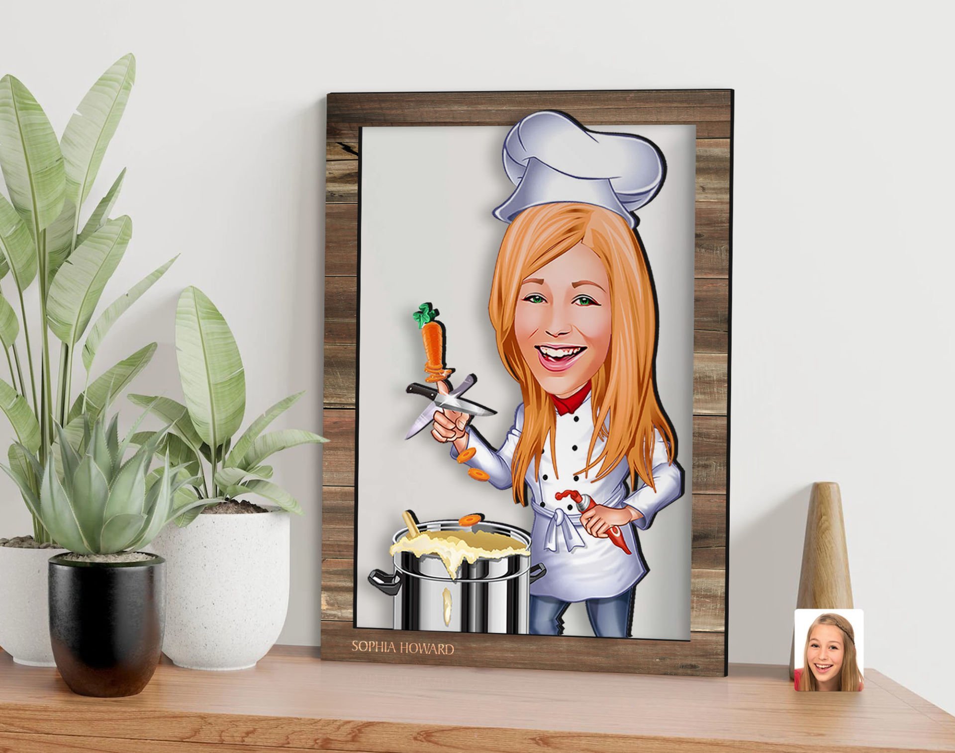BK Gift Kişiye Özel Kadın Chef Karikatürlü 3D Ahşap Tablo, Sevgiliye Hediye, Arkadaşa Hediye, Yıl Dönümü Hediyesi, Doğum Günü Hediyesi-1