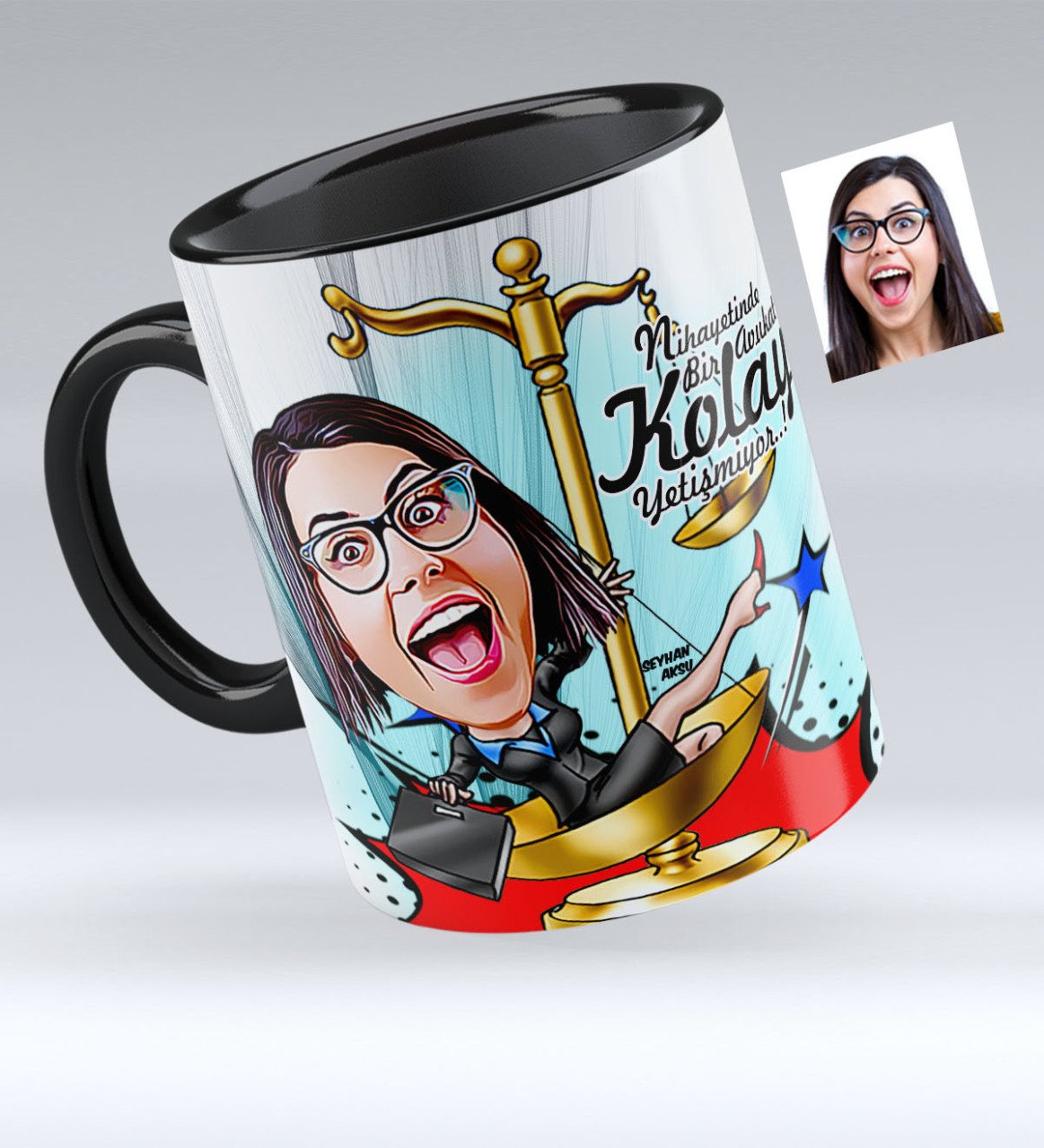 Kişiye Özel Bayan Avukat Karikatürlü Siyah Kupa Bardak - 4