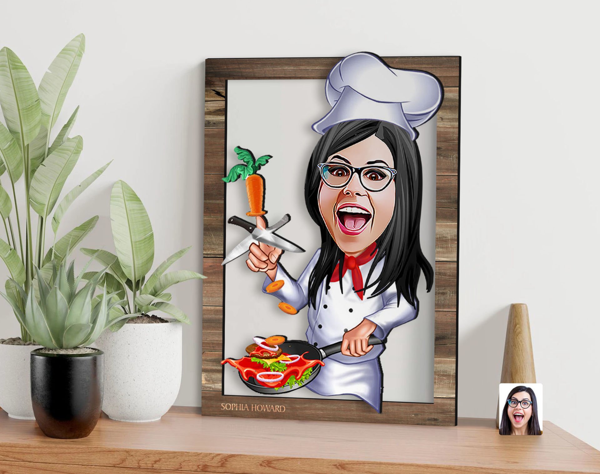 BK Gift Kişiye Özel Kadın Chef Karikatürlü 3D Ahşap Tablo, Sevgiliye Hediye, Arkadaşa Hediye, Yıl Dönümü Hediyesi, Doğum Günü Hediyesi-2