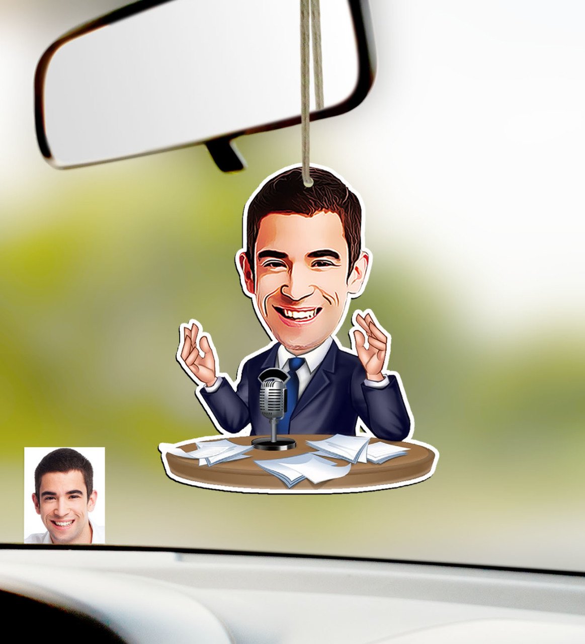 Kişiye Özel Bay Sunucu Spiker Karikatürlü Ahşap Araba Dikiz Ayna Süsü