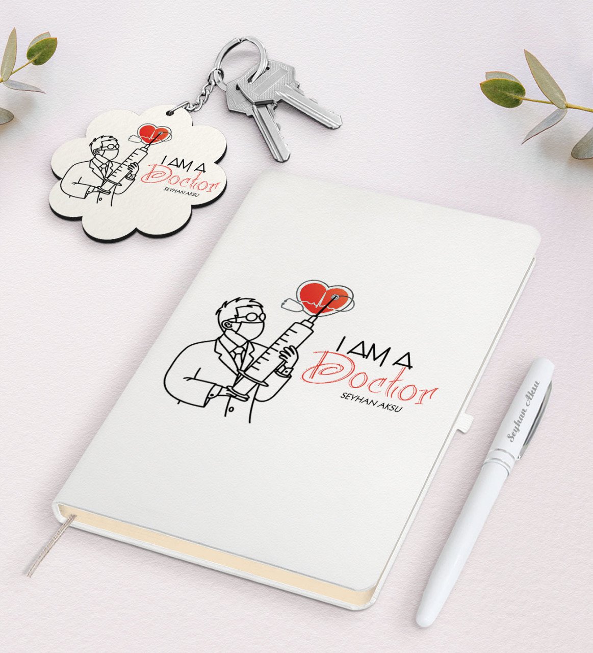 Kişiye Özel Doctor Beyaz Defter Kalem Ve Anahtarlık Hediye Seti-2
