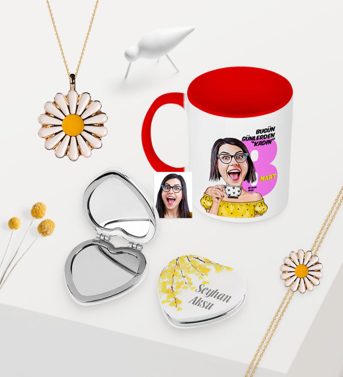 Kadınlara Özel Karikatürlü Kupa Çiçekli Ayna Papatya Kolye Bileklik Seti - 3