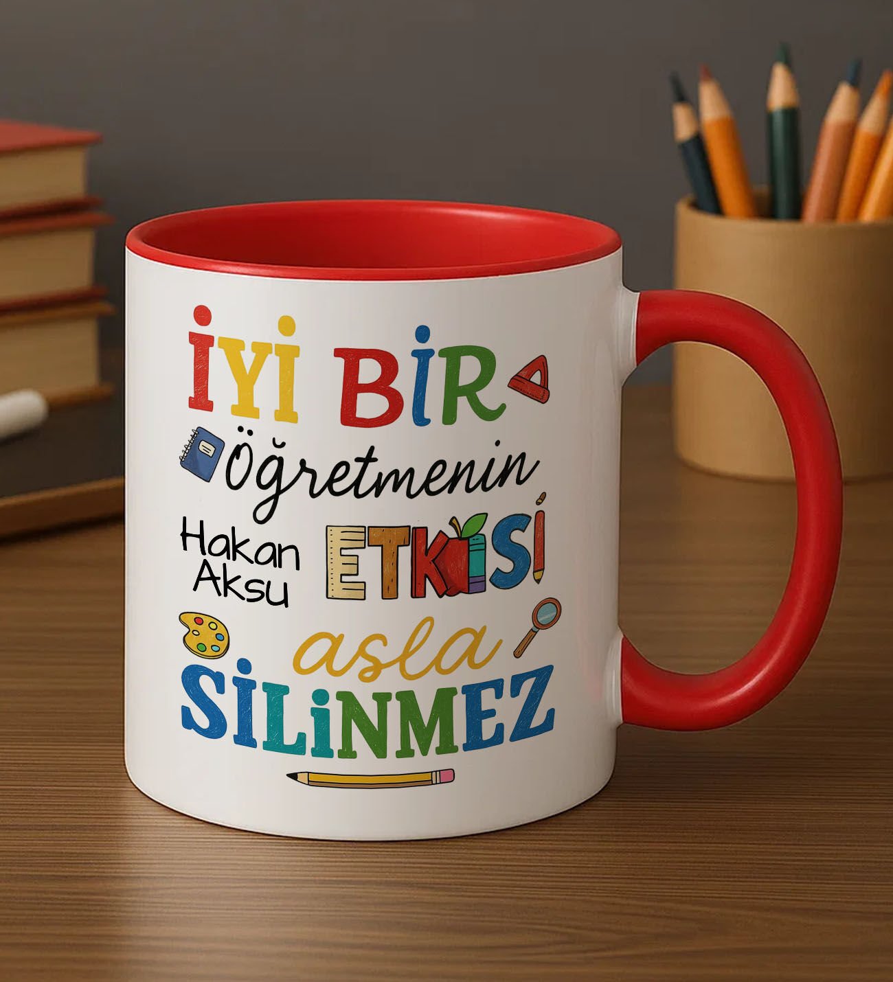 BK Gift Kişiye Özel İyi Bir Öğretmen Tasarımlı Kırmızı Kupa Bardak-2, Öğretmene Hediye, Öğretmenler Günü Hediyesi