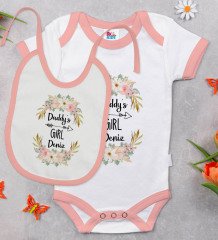 BK Kids Kişiye Özel Daddy's Girl Tasarımlı Pembe Bebek Body Zıbın ve Mama Önlüğü Hediye Seti