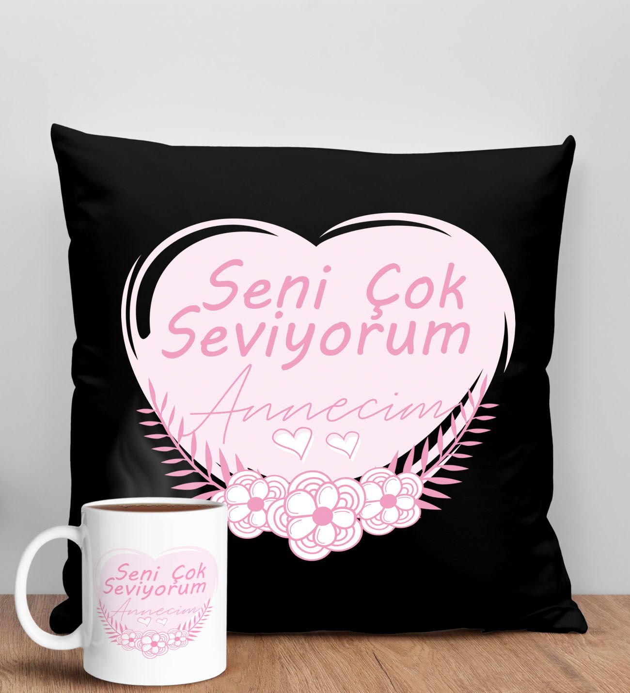BK Gift Anneler Günü Tasarımlı Siyah Kırlent Yastık ve Kupa Seti, Anneye Hediye, Ev Dekorasyonu, Anneler Günü Hediyesi-1
