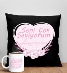 BK Gift Anneler Günü Tasarımlı Siyah Kırlent Yastık ve Kupa Seti, Anneye Hediye, Ev Dekorasyonu, Anneler Günü Hediyesi-1