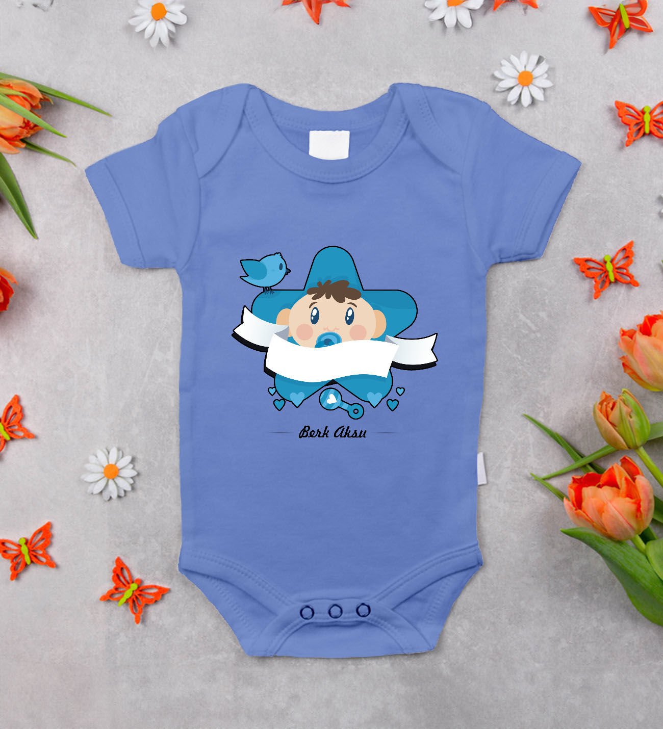 BK Kids Kişiye Özel İsimli Mavi %100 Pamuklu Kısa Kol Bebek Body Zıbın-7, Yeni Doğan Bebek Hediyesi