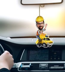 Kişiye Özel Bay Yol Mühendisi Karikatürlü Ahşap Araba Dikiz Ayna Süsü
