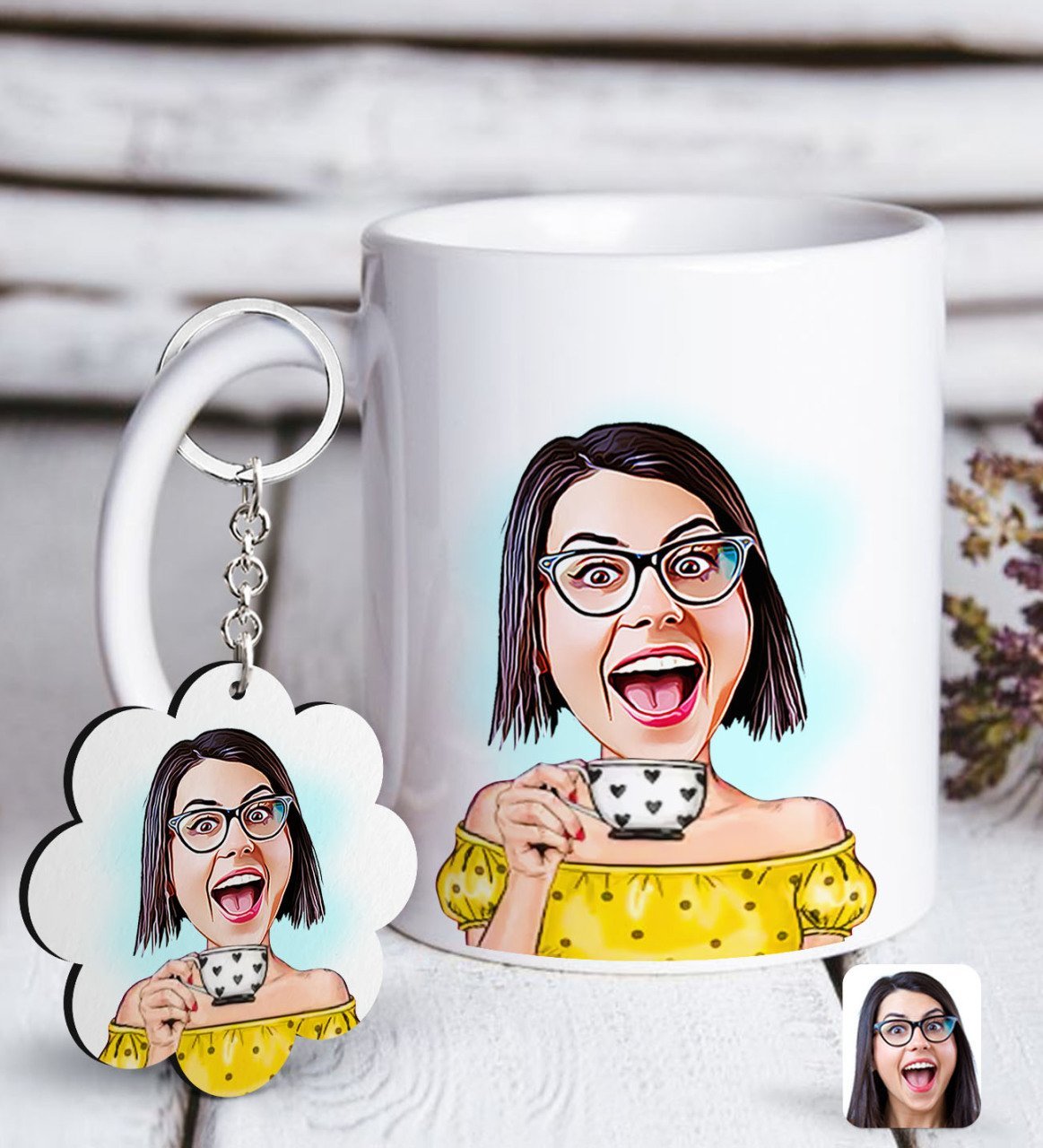 Kişiye Özel Bayan Karikatürlü Beyaz Kupa ve Anahtarlık Hediye Seti-48