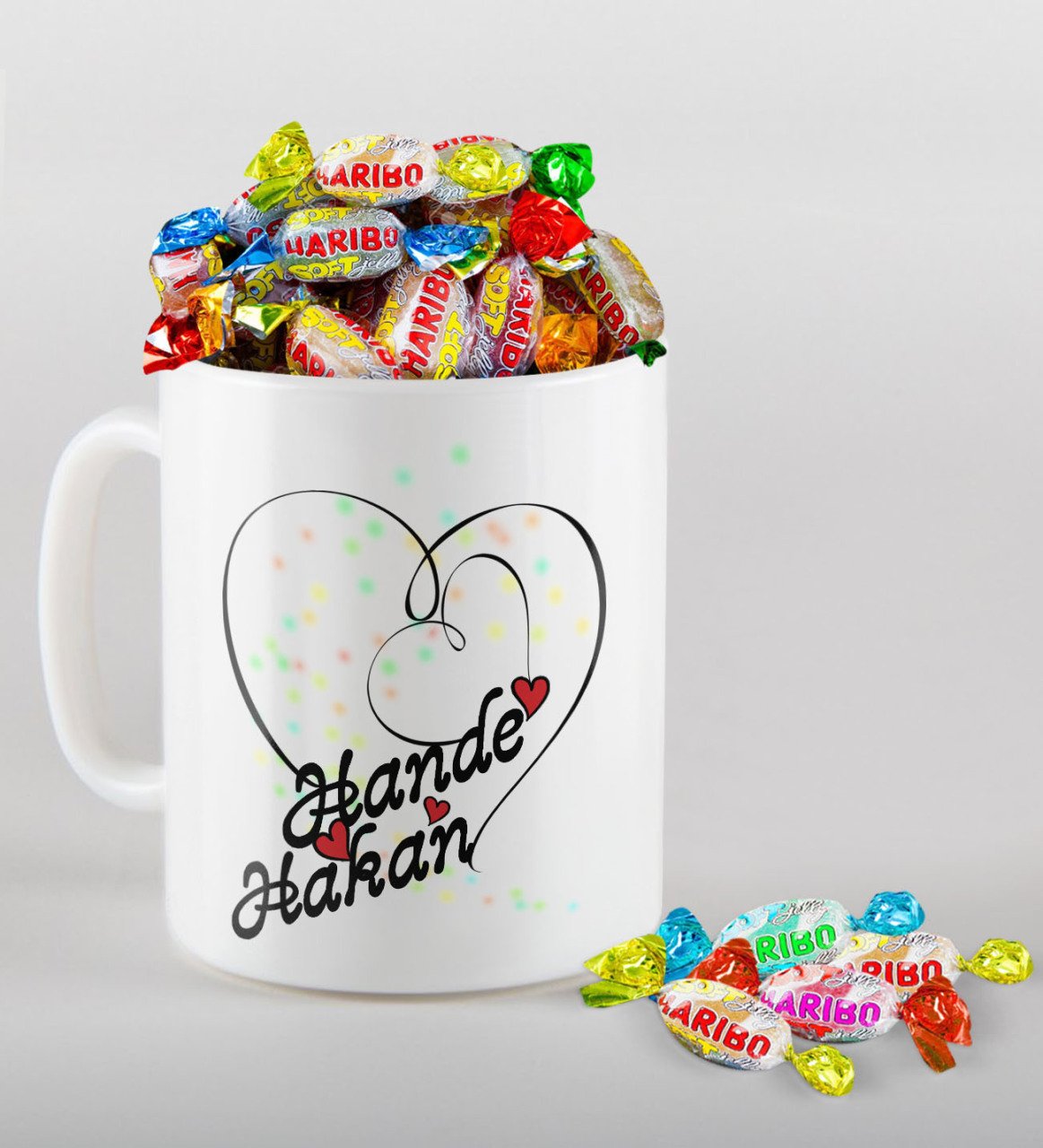 Kişiye Özel Sevgililer Günü Beyaz Kupa ve Haribo Şeker Hediye Seti-11