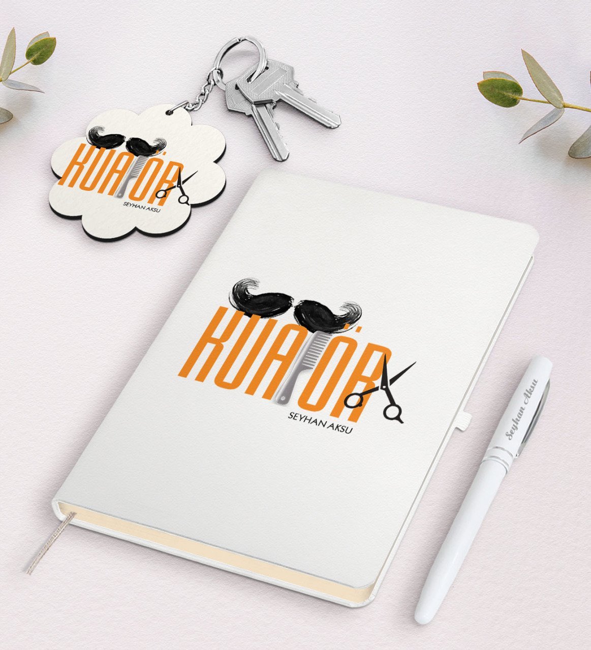 Kişiye Özel Erkek Kuaförü Beyaz Defter Kalem Ve Anahtarlık Hediye Seti-1