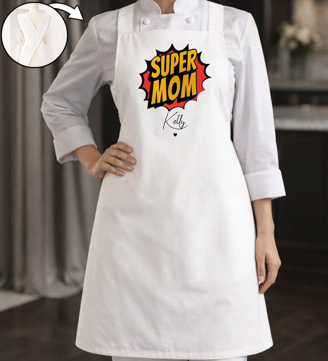 BK Gift Kişiye Özel Anneler Günü Tasarımlı Çapraz Askılı Beyaz Mutfak Önlüğü - 3, Aşçı Önlüğü, Şef Önlüğü, Anneye Hediye