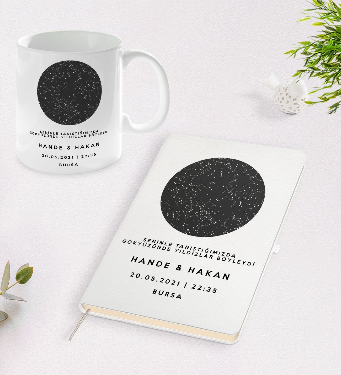 BK Gift Kişiye Özel Gökyüzü Yıldız Haritası Beyaz Defter ve Kupa Hediye Seti