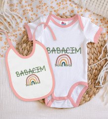 BK Kids Kişiye Özel Babacım Tasarımlı Pembe Bebek Body Zıbın ve Mama Önlüğü Hediye Seti