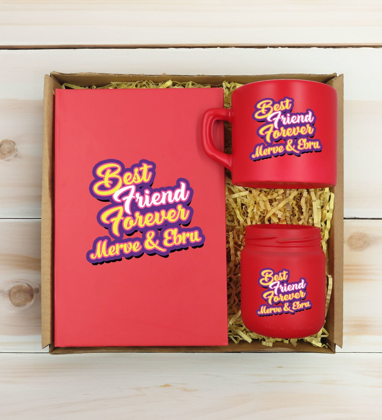 BK Gift Kişiye Özel İsimli DTF Best Friend Temalı Kırmızı Defter & Kahve Fincanı & Mum Hediye Seti-3, Arkadaşa Hediye, Doğum Günü Hediyesi