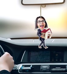 Kişiye Özel Bayan Gayrimenkul Danışmanı Karikatürlü Ahşap Araba Dikiz Ayna Süsü