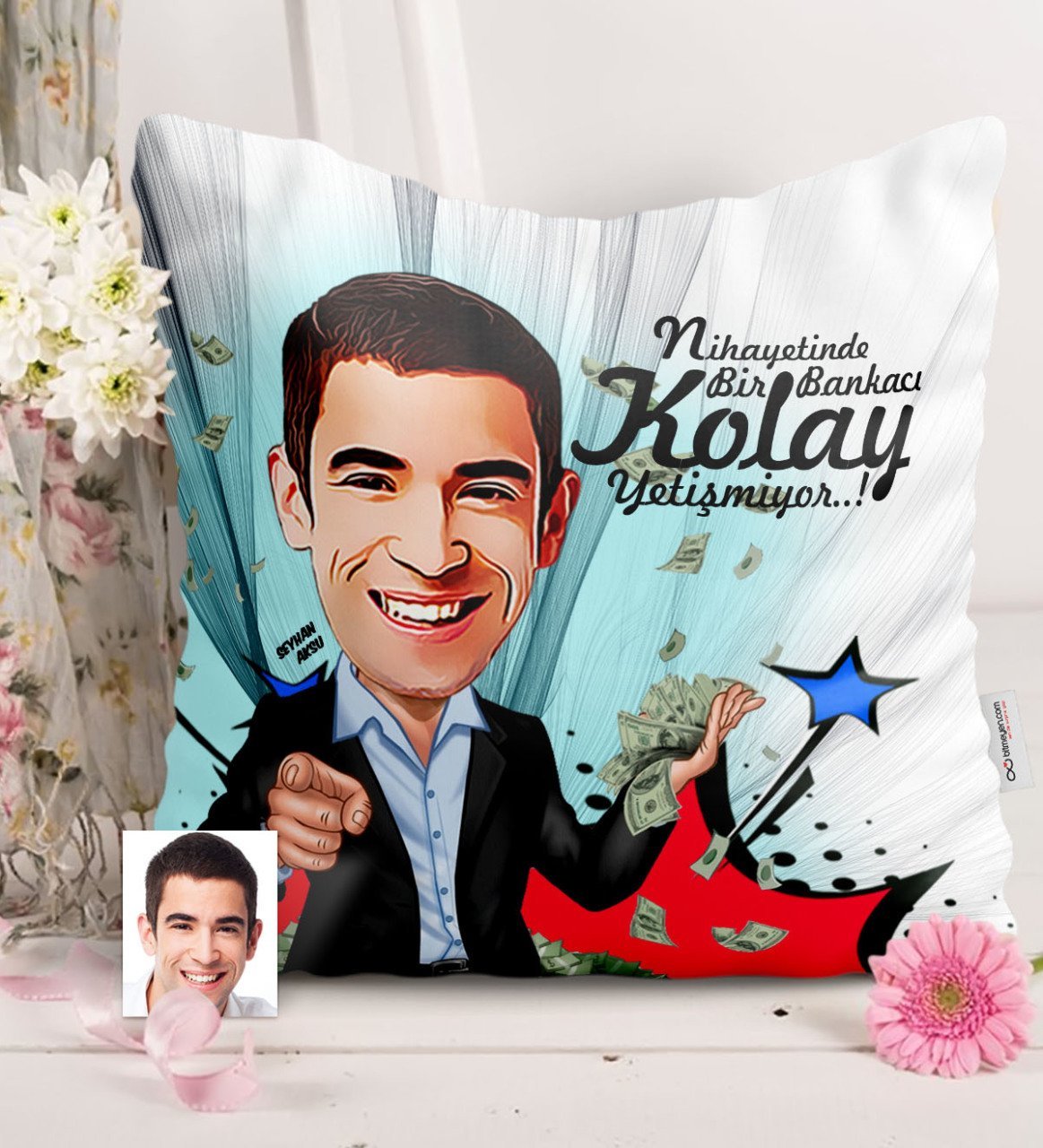 Kişiye Özel Bay Bankacı Karikatürlü Saten Yastık - 2