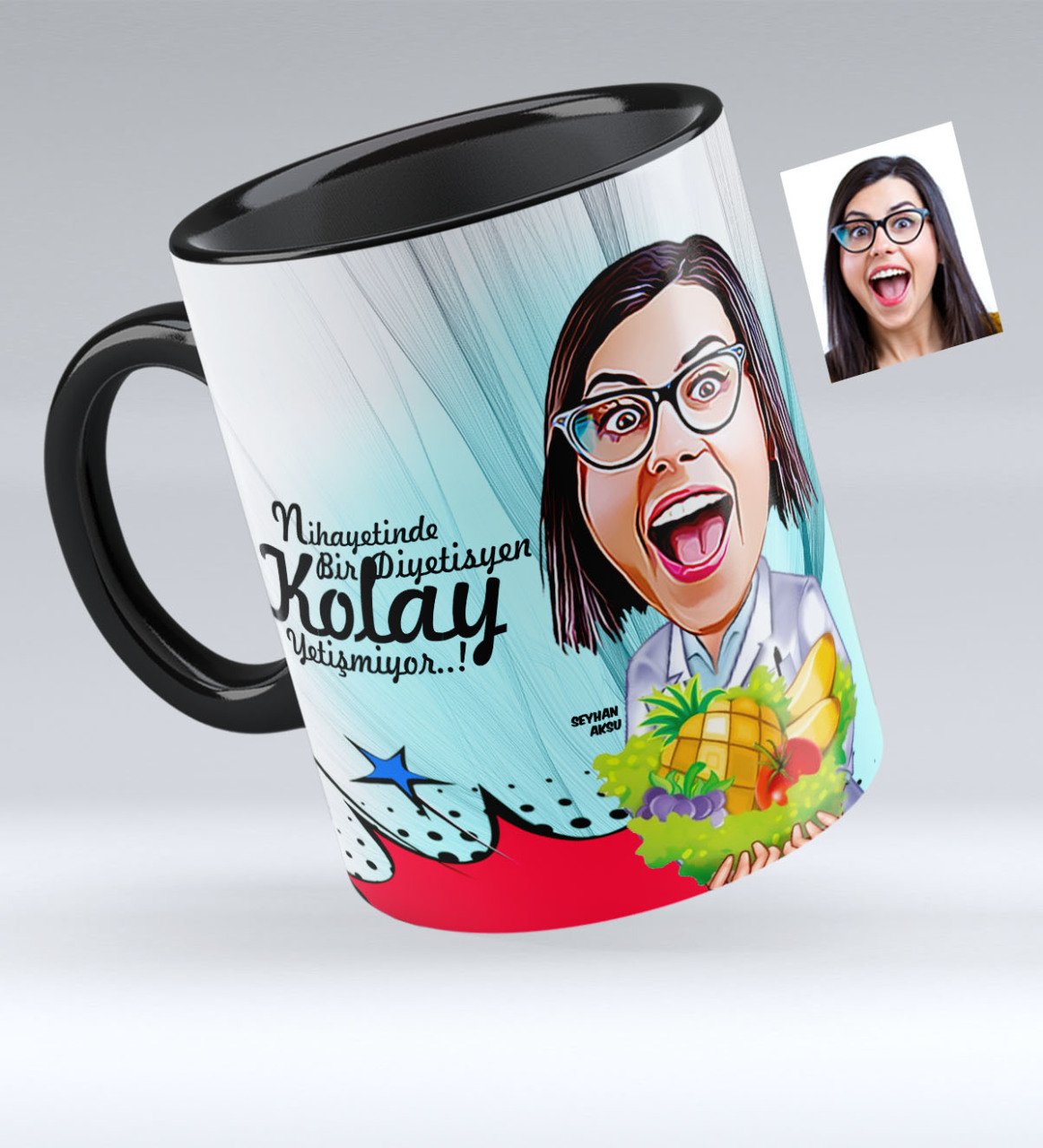 Kişiye Özel Bayan Diyetisyen Karikatürlü Siyah Kupa Bardak - 1
