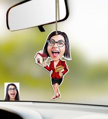 Kişiye Özel Bayan Gayrimenkul Danışmanı Karikatürlü Ahşap Araba Dikiz Ayna Süsü
